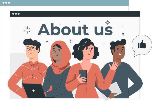 window design with four animated people standing ans a text saying About Us